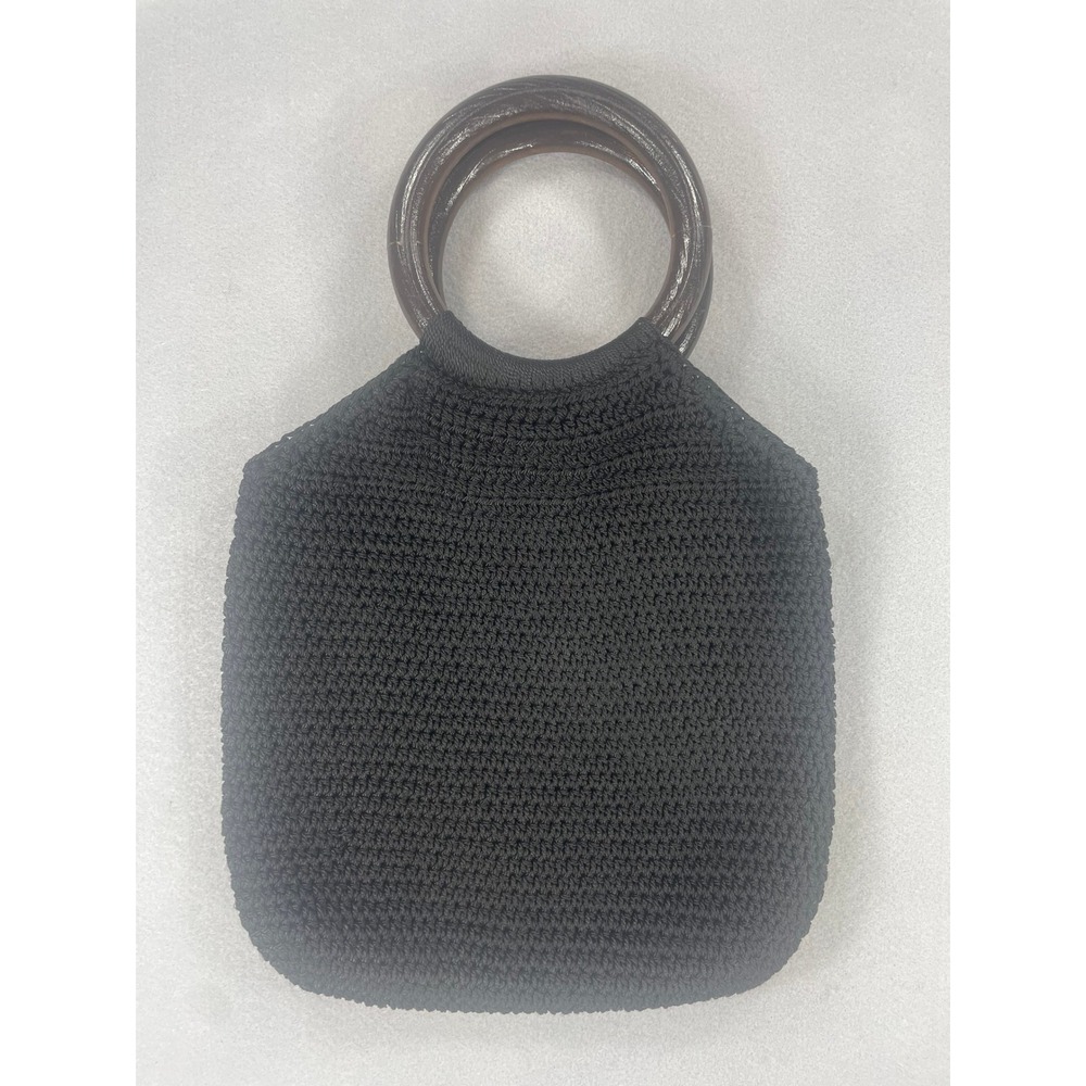 Vintage Black Crochet Handbag Round Tortoiseshell Handles Boho Tote Bag RN 79124